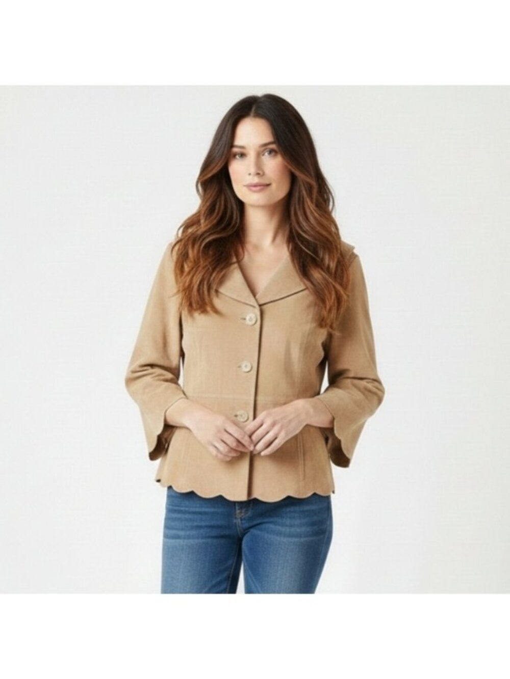 💠Vintage Bamboo Traders Suede Leather Jacket Scalloped Western Tan Size Medium